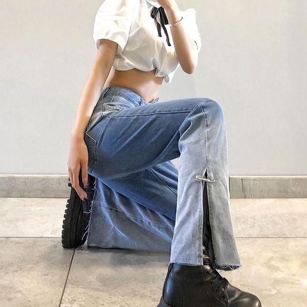 

women's jeans spring and summer style worn buttons loose high-waisted street fashion gradient split straight clothing, Blue