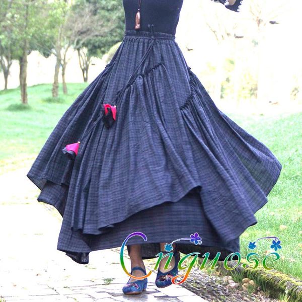 

skirts 2021 spring and summer female casual black grid plaid cotton linen pleated asymmetrical ladies skirt designs for womens