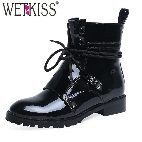

boots wetkiss military women ankle boot motorcycle round toe shoes female patent leather punk ladies thick heels, Black