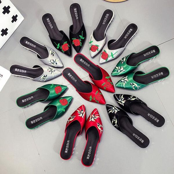 

summer pointed embroidered slippers women fashion silk slides outdoor ladies square heel beach sandals shoes, Black