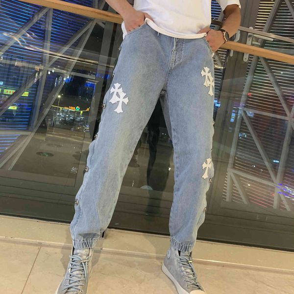 

crosin chh 2021 spring and summer new couple's heavy industry cross leather metal buckle splicing casual jeans pants, White;black