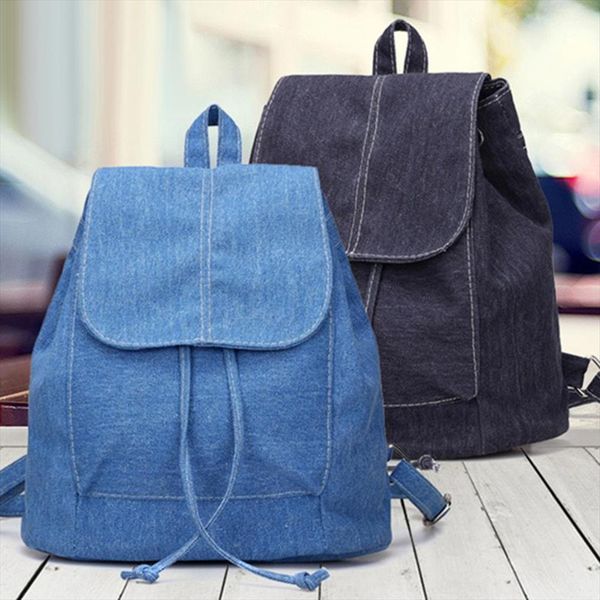 

women men flip cover drawstring solid color canvas backpack travel school bag