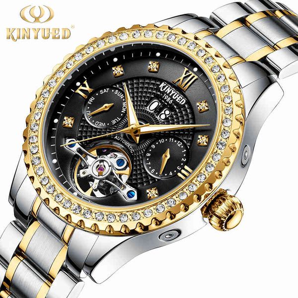 

kinyuedbrand luxury gold hollow out automatic mechanics seamless men's watches j051, Slivery;brown