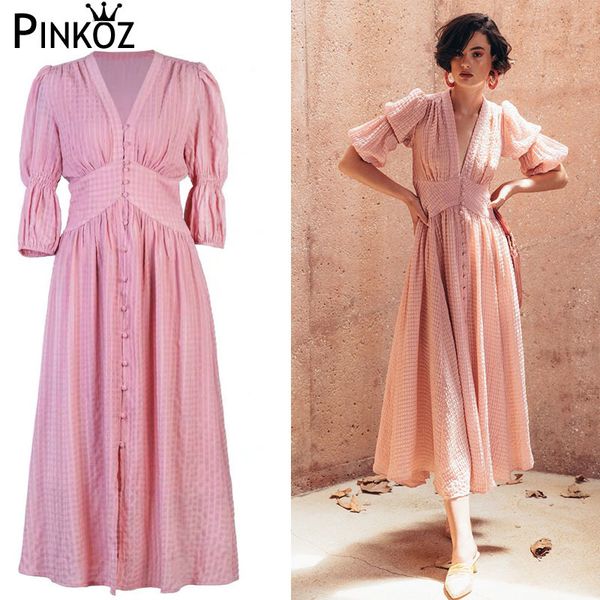 

elegant solid women dress deep v neck lantern high waist button ruched midi es fashion white pink 210421