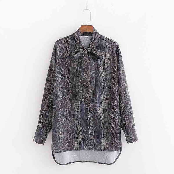 

women's knits & tees autumn women vintage snake print za gray long shirts ladies fashion bow collar sleeve blouse female casual to, White
