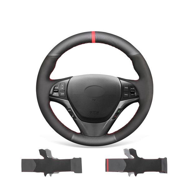 

diy custom soft durable black genuine leather black suede car steering wheel cover for hyundai genesis coupe 2010-2016