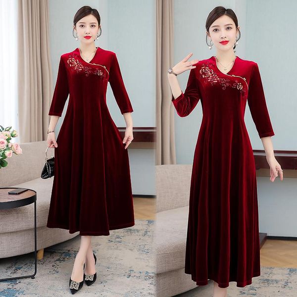 

casual dresses coigarsam women dress autumn 2022 cheongsam print zipper red robe vestidos, Black;gray