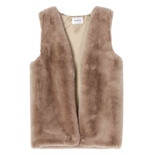 

women faux fur vest coat sleeveless khaki beige jacket winter c0327 210514, Black