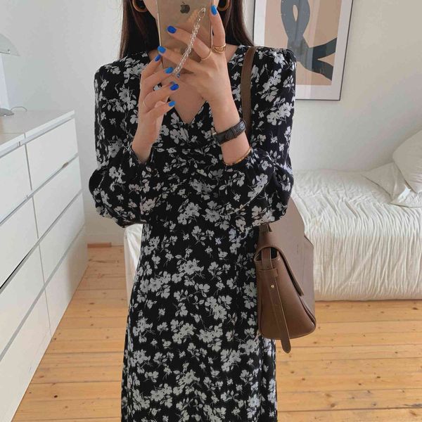 

dresses french vintage female florals retro gentle women's printed pleated ol all match streetwear long es vestidos, Black;gray
