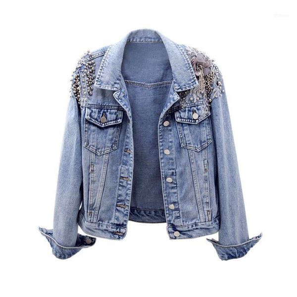 

denim jackets female short retention 2021 spring wild beaded embroidery slim jacket long-sleeved shirt women's1, Black;brown