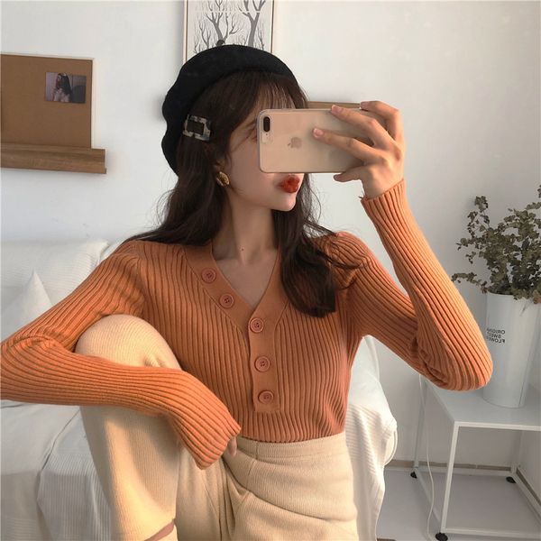 

10colors autumn korean style v neck long sleeve for womens slim knitted t-shirts womens tee shirt femme (r3333) 210423, White