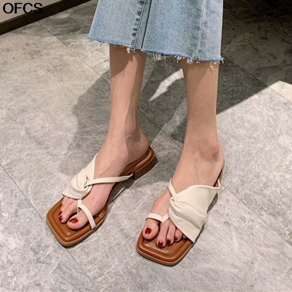 

sandals women slippers summer mules square toe pu leather pleated slipper beach slide band low heel woman shoes e0mg, Black