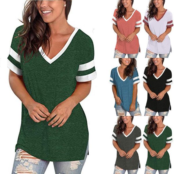 

summer solid v-neck t-shirt female patchwork color short sleeve t-shirts large size women's clothing, White