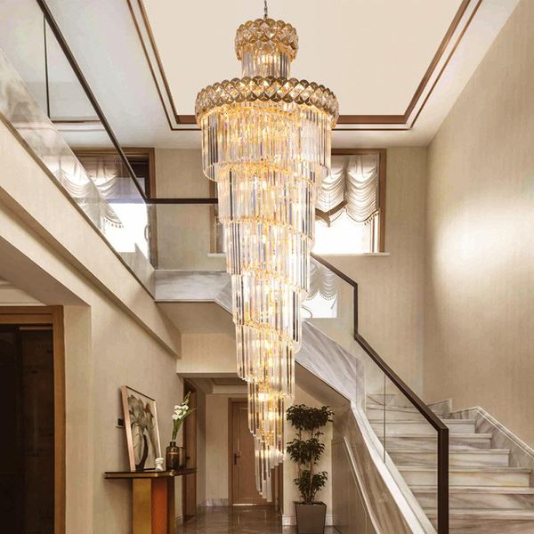 

pendant lamps modern crystal chandelier for staicase long villa chain lighting fixture large home decor gold stainless steel cristal lamp