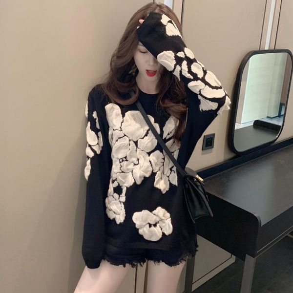 

autumn new women's loose outer wear lazy retro hong kong-flavored jacquard sweater women's pullover handsome trendy 210412, White;black