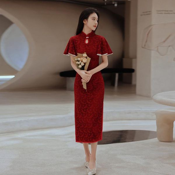 

ethnic clothing cheongsam dress modern 2021 chinese trational red lace cheongsams qipao vintage oriental wedding party women dresses plus si