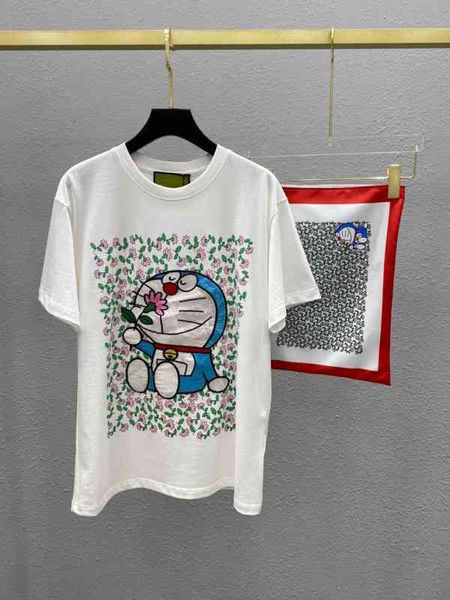 

short fashion floral print sleeve doraemon embroidery men's and women's t-shirt loose round neck top, White