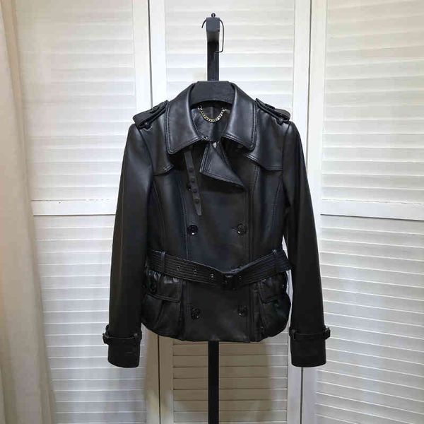 

women's jackets fancy european female lamb royal leather belt double-breasted jacket pockets b781, Black;brown