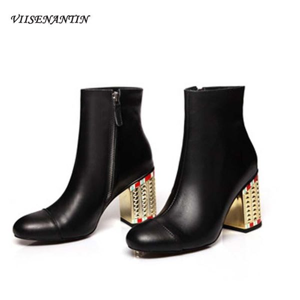 

boots exquisite layer cowhide square heel short round toe metal high side zipper all-match women's, Black