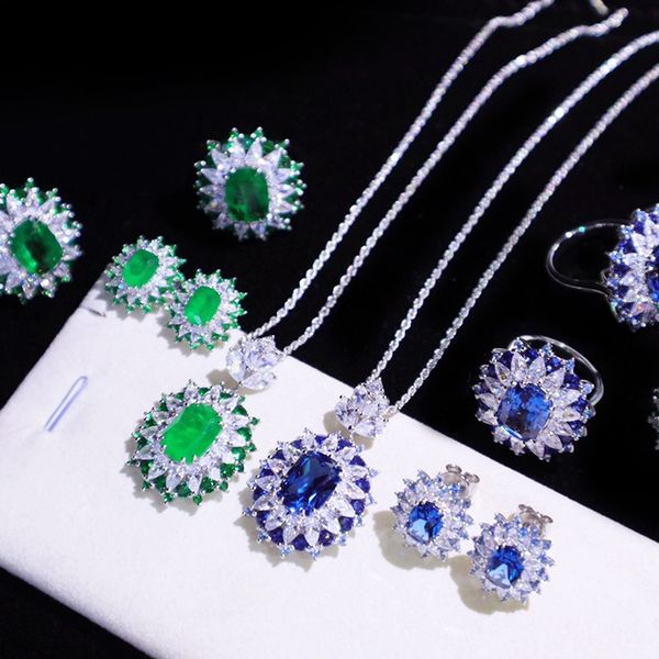 

emerald ring necklace earrings suit royal sapphire platinum ring princess engagement rings for women wedding jewelry wedding rings accessory, Slivery;golden