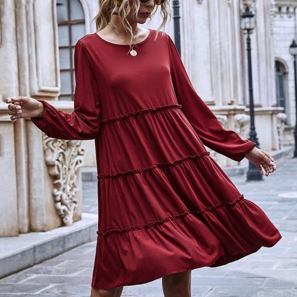 

autumn spring ruffle ruched cake clothes woman dress casual pure long sleeve loose fit knitted womens dresses fall 2021 fashion1, Black;gray