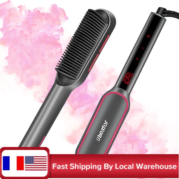 

fast heating comb smooth electric hair straightener brush ceramic temperature led display infrared anion 2 in 1 curler styling