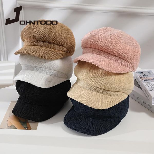 

wide brim hats 2021 fashion women spring summer octagonal cap straw thin sboy painter knitted beret mesh breathable sun hat, Blue;gray