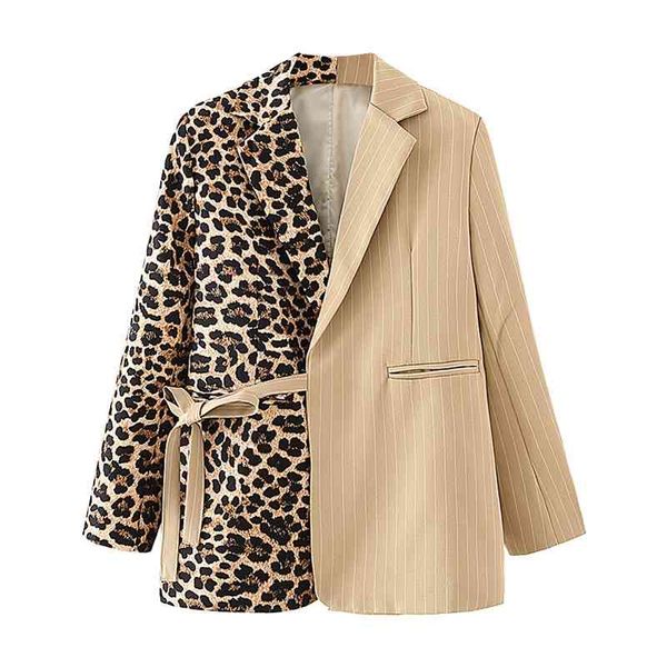 

streetwear women brown striped leopard jacket fashion ladies sashes blazers vintage female chic notched collar coats 210427, White;black
