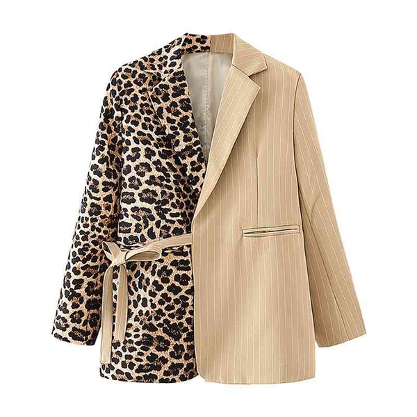 Streetwear Mulheres Brown Listrado Leopardo Jaqueta Moda Senhoras Sashes Blazers Vintage Chique CHIC CHIC CHOLLAR REVIDOS 210427