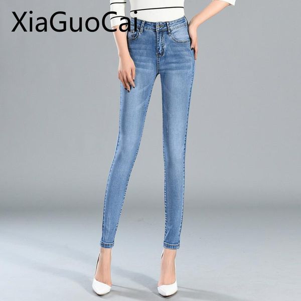 

denim zipper jeans woman regular stretch slim trousers autumn/winter female tight hips feet high waist women's, Blue