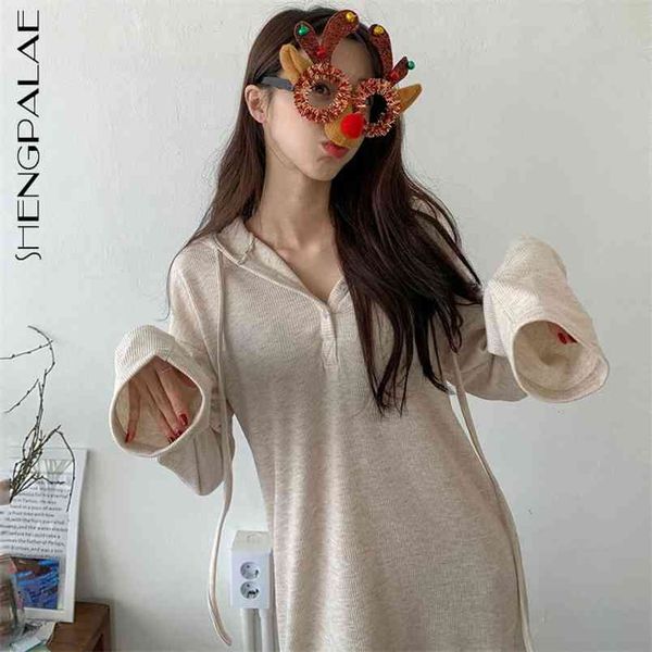 

shengpllae chic knitted dress women's spring hooded loose small breasted lace up long sleeve mid-calf dresses 5a1412 210427, Black;gray