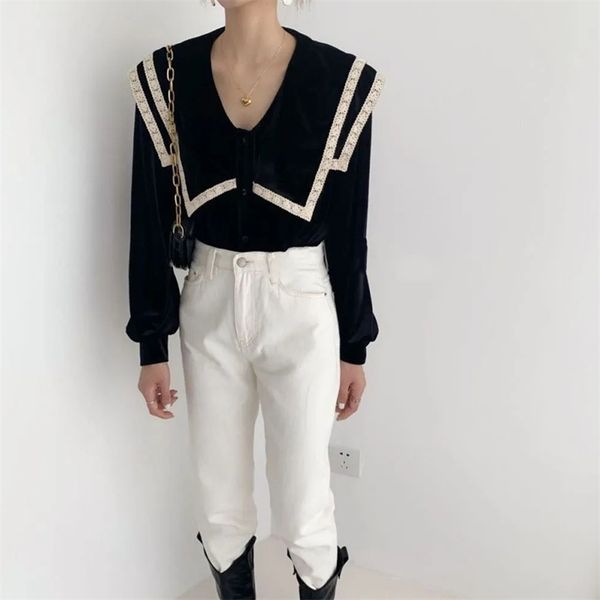 

wonder spring lace peter pan collar blouse shirt vintage female v-neck long sleeve elegant shirts velvet 210510, White