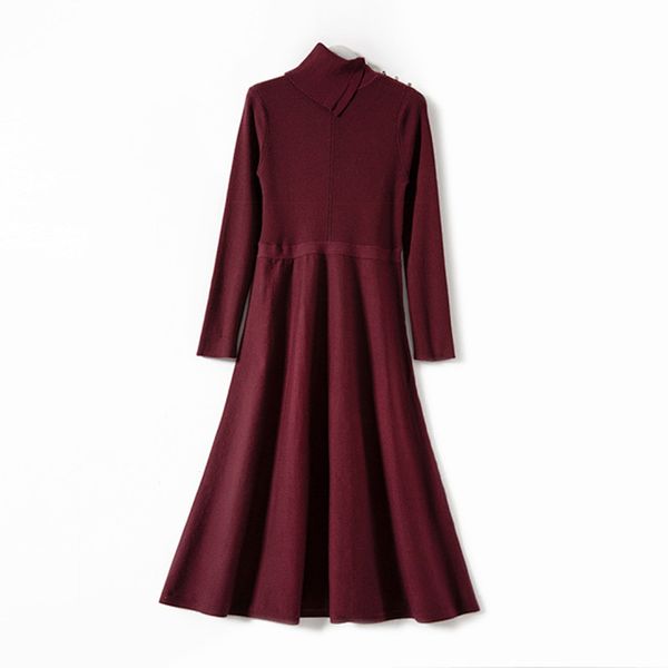 

dress turtleneck knitted midi women two colors elastic waist long sleeve elegant dress with buttons, Black;gray