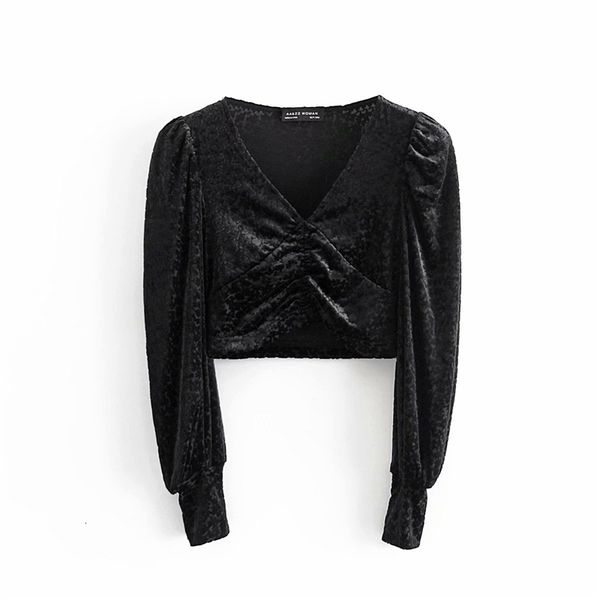 

women's knits & tees elegant women v-neck solid leopard shirts autumn fashion ladies velvet short female chic lantern sleeve, White
