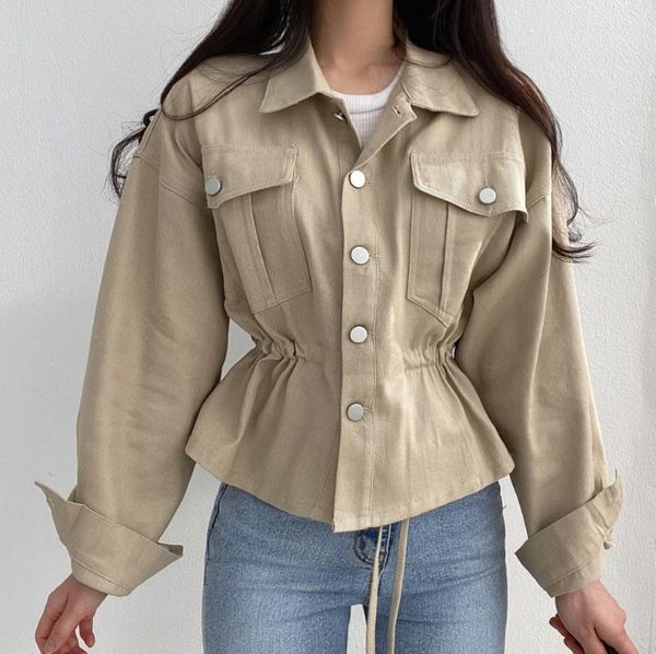 

women's trench coats chic south korea french niche early autumn temperament single breasted pull rope waist show thin versatile lapel c, Tan;black