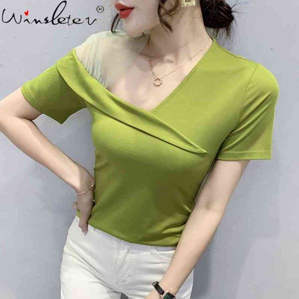 

women's t-shirt summer european style cotton skew collar patchwork mesh women bottoming shirt casual all match tees t162, White