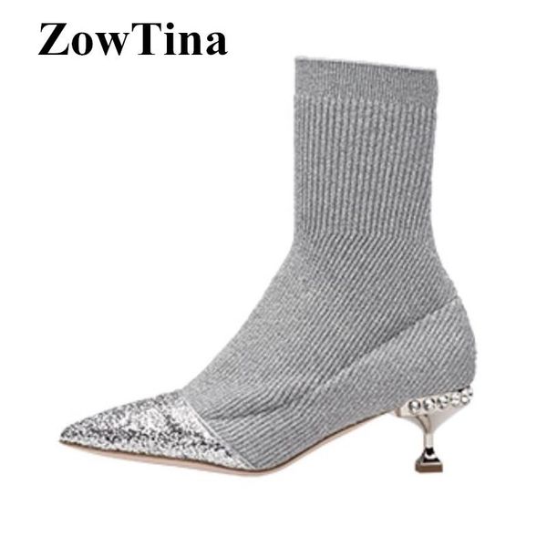 

boots women sequins pointed toe sock silver elastic spring autumn ankle shoes woman 5.5cm high heels zapatos mujer, Black