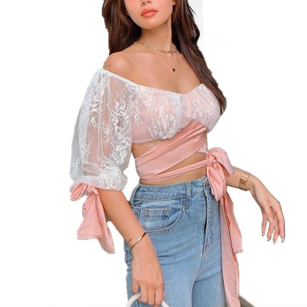 

women's t-shirt lace summer fashion mesh cutout lace-up long sleeve pullover, White