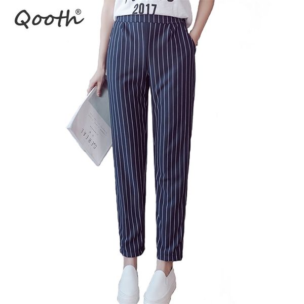 

qooth england style striped pant's elastic waist strip ankle-length pencil spring arrival trousers qh1078 210609, Black;white