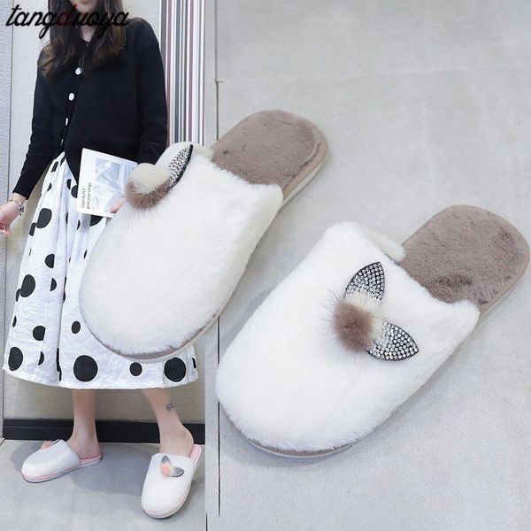 

slippers winter women slipper ladies rhinestones fluffy mules soft indoor slides furry warm cute pink slip on flip flops plush shoes, Black