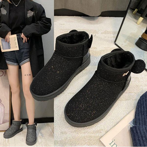 

boots round toe boots-women shoes plush booties woman 2021 low heel bling australia luxury designer fur flat snow, Black