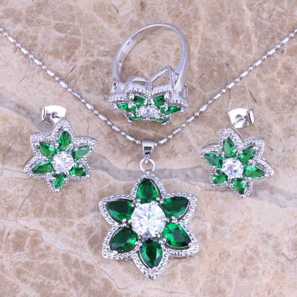 

earrings & necklace delicate green cubic zirconia white cz silver plated jewelry sets pendant ring size 6 / 7 8 9 s0438