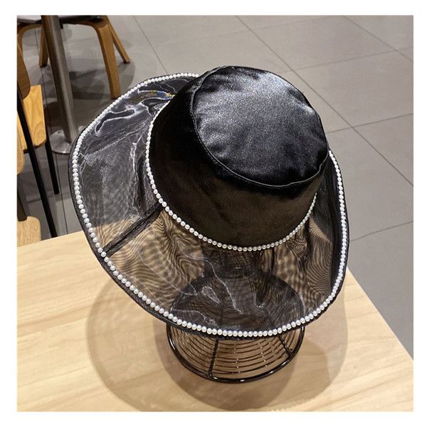 

wholesale wide brim hats female elegant pearl net yarn fisherman cap silk satin sun hat women summer fashion 2021 designers caps sunglasses, Blue;gray