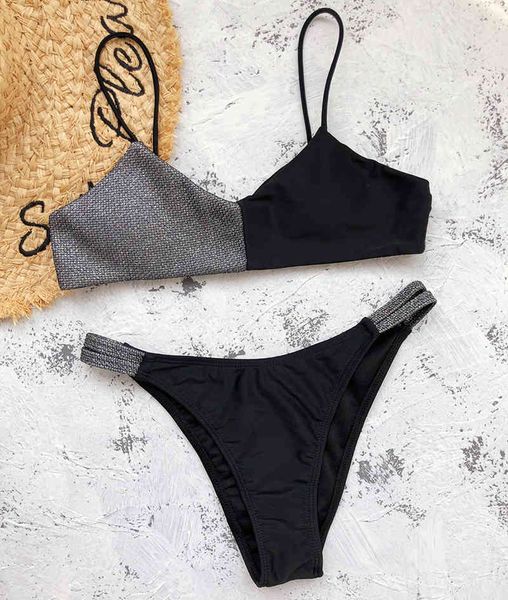 

2021 shiny glitter sparkling women swimsuit female swimwear two pieces bikini set patchwork bather bathing suit swimin