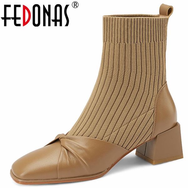

boots fedonas autumn winter women ankle elegant fashion concise butterfly-knot office party genuine leather knitting shoes woman, Black
