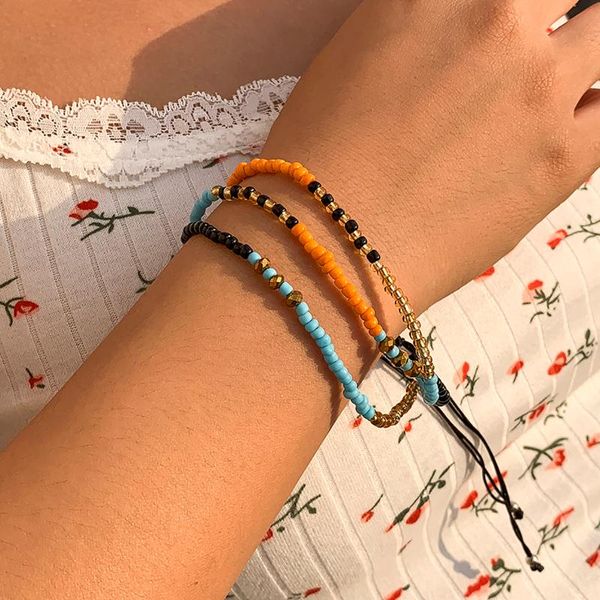 

beaded, strands shixin bohemia rainbow bead bracelets for women adjustable colorful small beaded 2021 fashion hand chains jewelry gift, Black