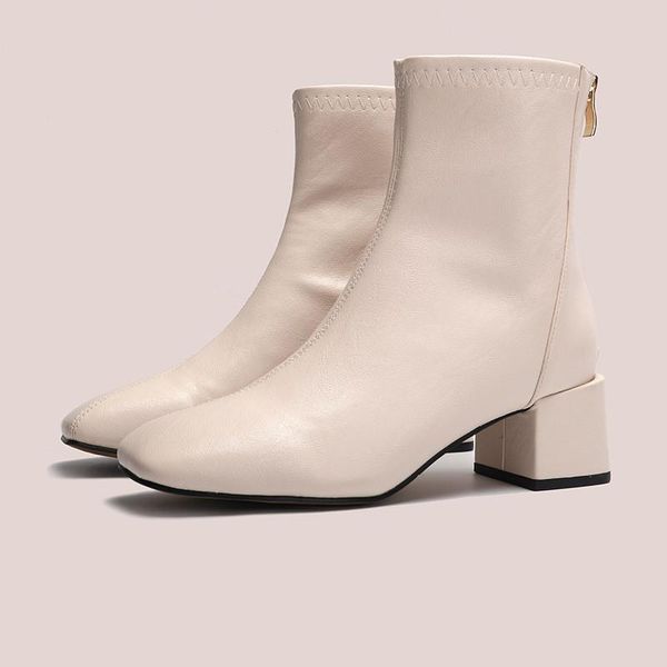 

boots women's leather med rubber hoof heels pu basic sewing, Black