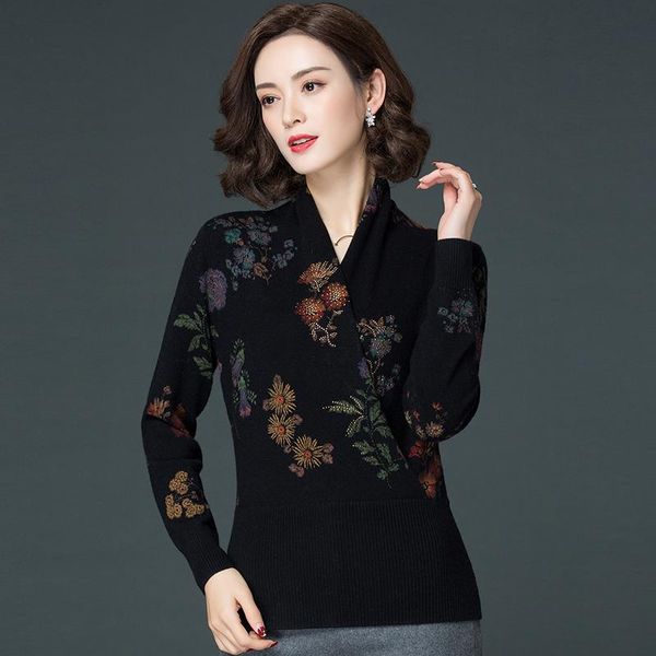 

women cashmere sweater autumn winter vintage printing female pullovers floral printed wool long sleeved women's sweaters, White;black