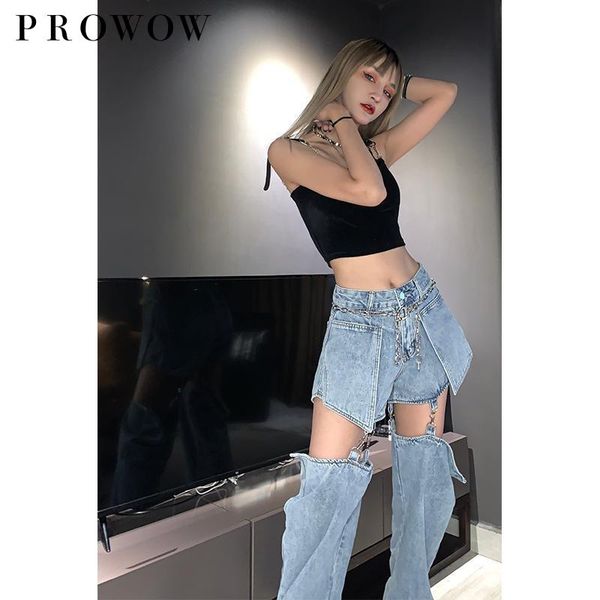 

women's jeans women splice wide leg high street trousers hip-hop cotton loose retro chain removable cool girls womens denim pants, Blue