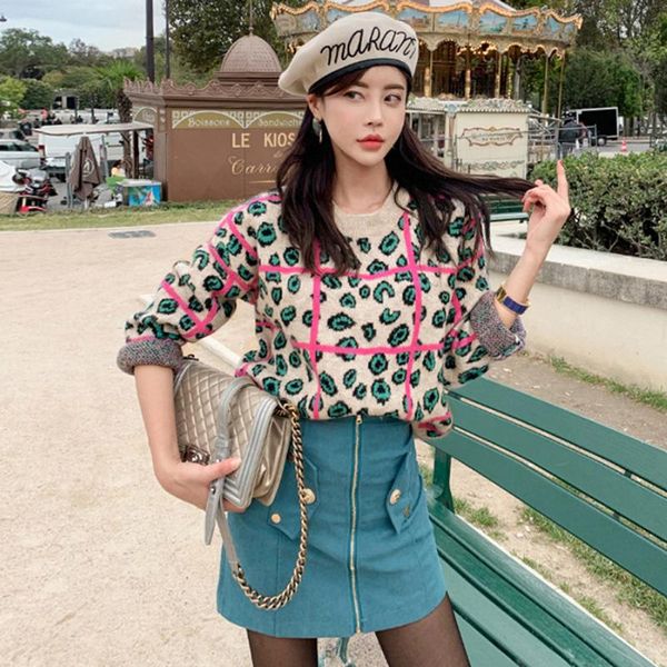 

two piece dress leopard knitted 2 set women thick warm runway sweat 2021 long sleeve pullovers sweaters + high waist zipper skirt, White